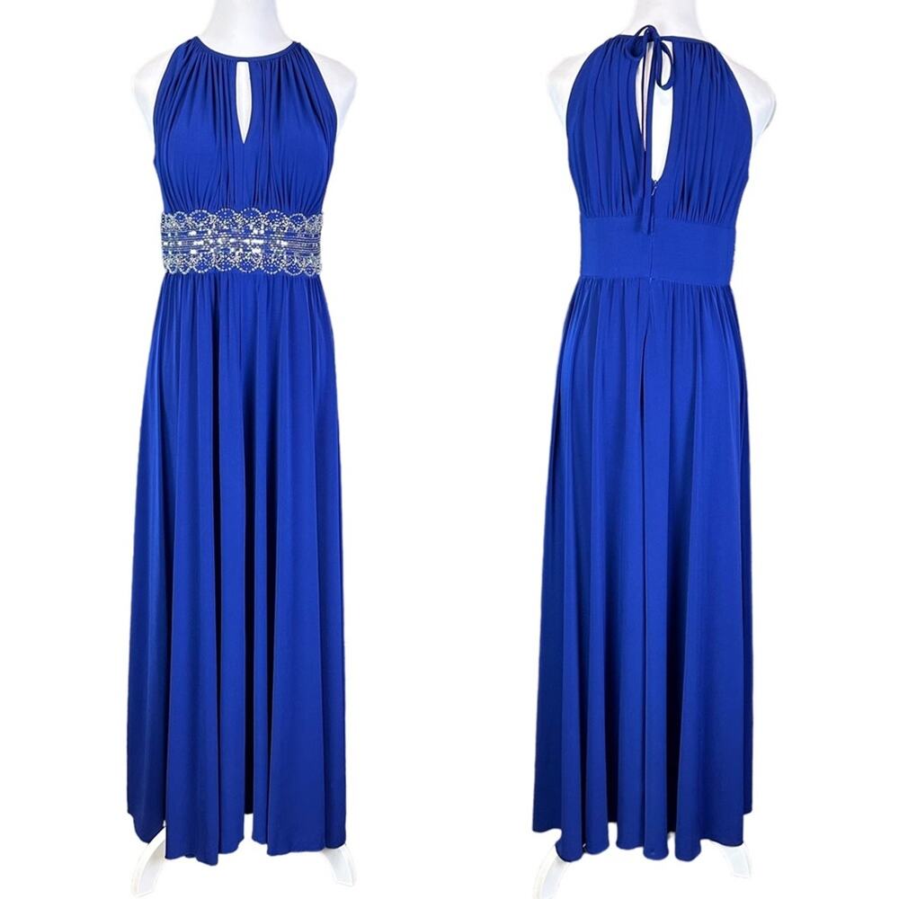 R & M Richards Beaded Waist Long Sleeveless Gown Royal Blue Size 6